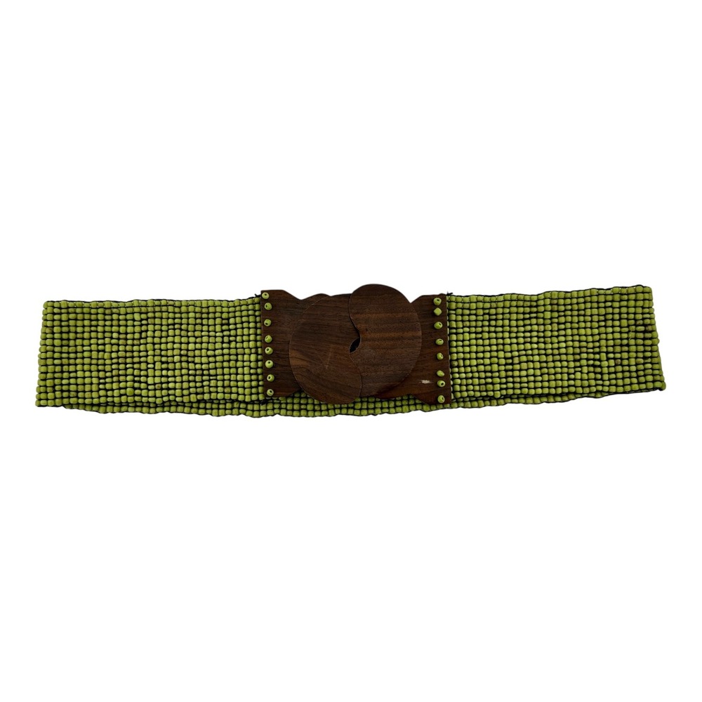 Gerda Lynggaard Vintage 70s Boho Green Beaded Wood Carved Buckle Belt 28-38